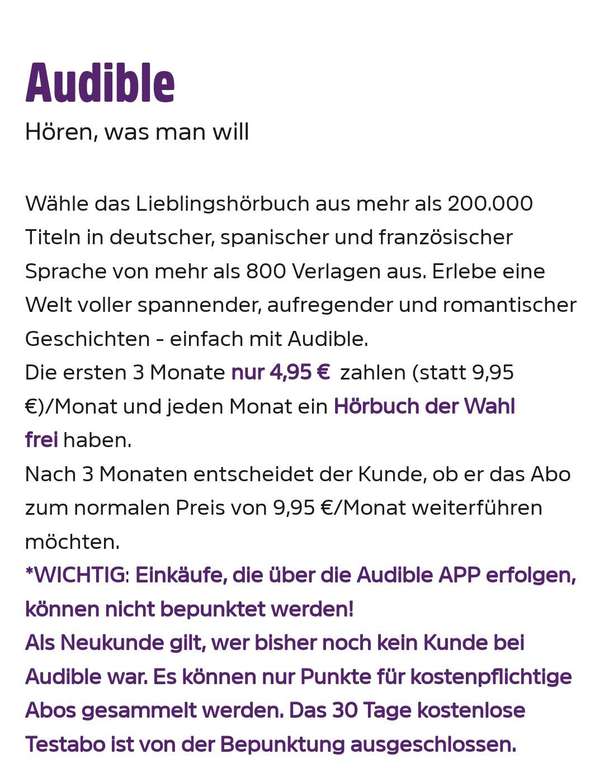 [DeutschlandCard] Audible Coupon mit 2.000 Punkten (entspricht 20€ Cashback) erneut verfügbar (personalisiert) Neukunden/Bestandskunden