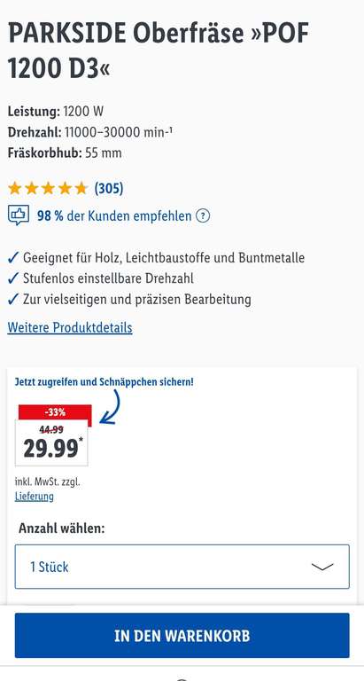 PARKSIDE Oberfräse »POF 1200 D3« für 29,99 Euro plus 4,95 Euro Versand