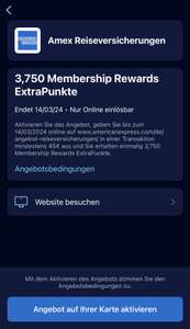 [AMEX Offers] 3750 Membership Rewards Extrapunkte bei Mindestumsatz von 45 Euro Reiseversicherung (personalisiert)