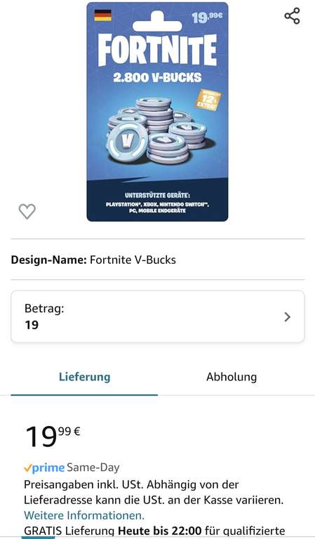 [amazon prime] 2800 V-Bucks Fortnite für 19.99€, Papiergutschein inkl. Versand, Nikolausgeschenk