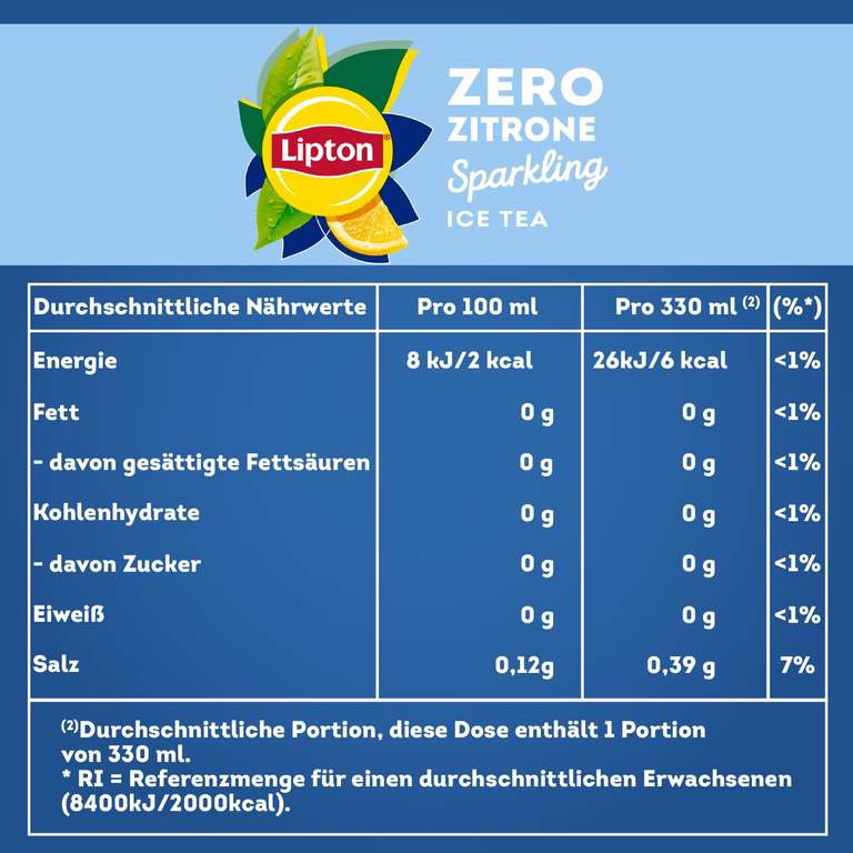 Pfandfehler LIPTON ICE TEA Sparkling Lemon Zero oder Pfirsich, EINWEG Dosen (24 x 0.33 l) [PRIME/Sparabo]