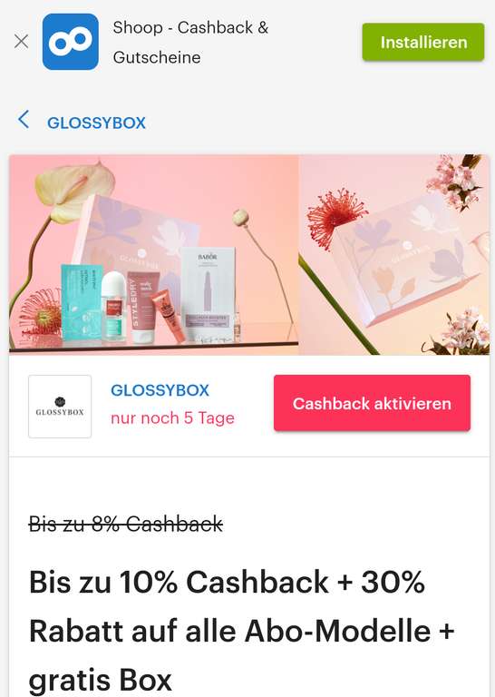 [Shoop] Glossybox 30% Rabatt auf Flex-Abo + gratis Box + bis zu 10% Cashback - bis 17.03.2024
