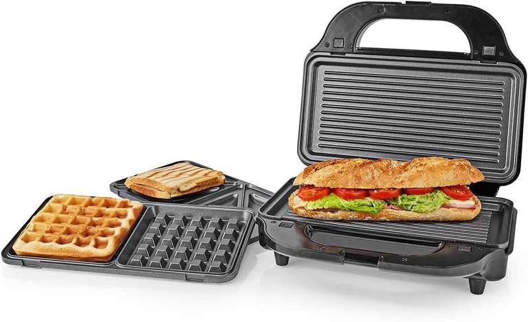 Nedis Multi-Grill - Grill / Sandwich / Waffle - 900 W - 28 x 15 cm - Automatischer Temperaturkontrolle - Edelstahl / Kunststoff