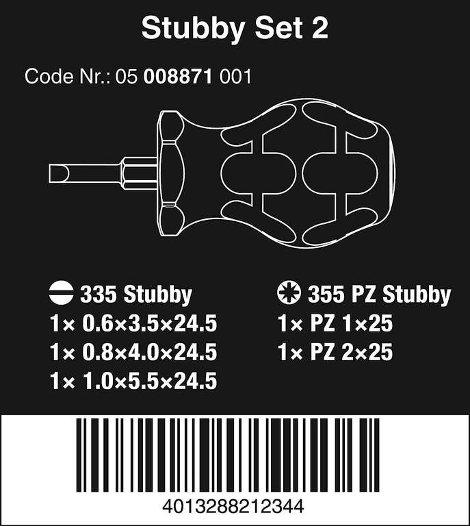 [Prime] Wera Stubby Set 2 (Set 1 mit PH statt PZ 14,97€), Schraubendreher-Satz 5-teilig, 05008871001
