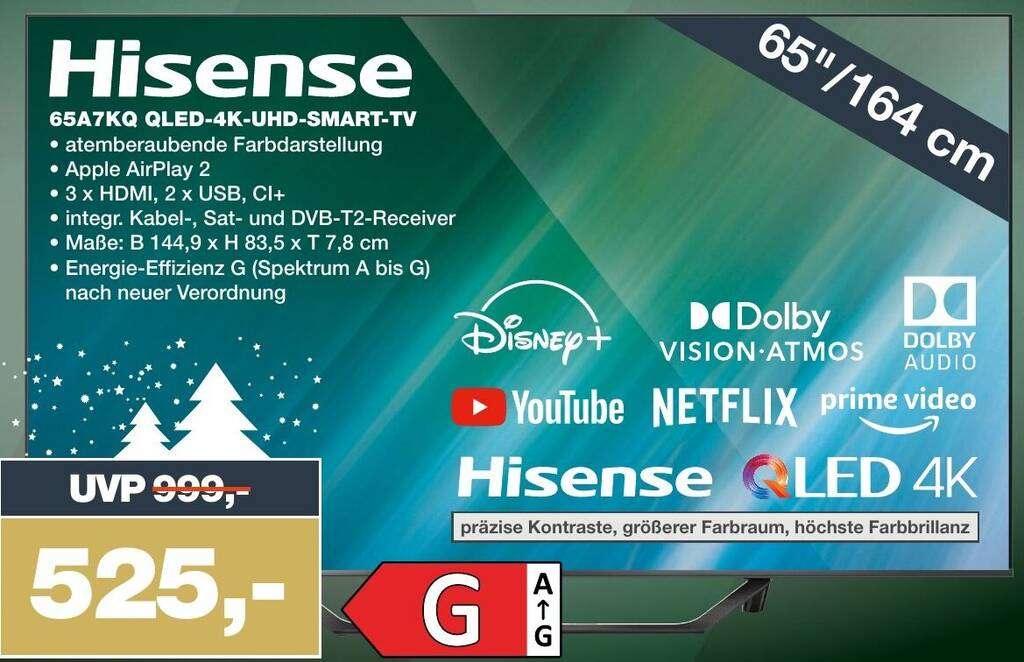 | 65 Zoll SMART HISENSE QLED 65A7KQ TV mydealz Lokal 164 (Flat, cm, VIDAA) UHD Mein / 4K, TV, bei Real.