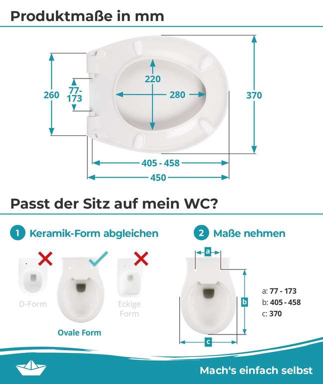 Calmwaters Premium WC Sitz einfache Montage, Toilettendeckel bis 250 kg, antibakteriell, doppelte Absenkautomatik, 2 Montage Optionen, weiß