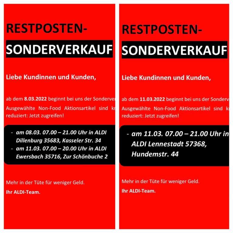 [ lokal ALDI NRW & Hessen ] Sonderverkauf / Restposten in Dillenburg, Lennestadt & Ewersbach