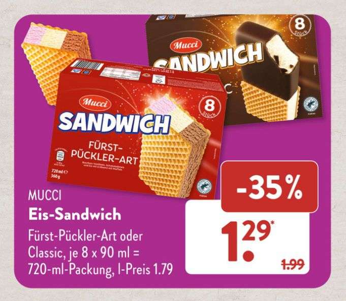 Aldi Süd+Nord: 8 Stück Sandwich Eis 'Classic' oder 'Fürst Pückler Art' / 720ml Packung / ab 10.07.23