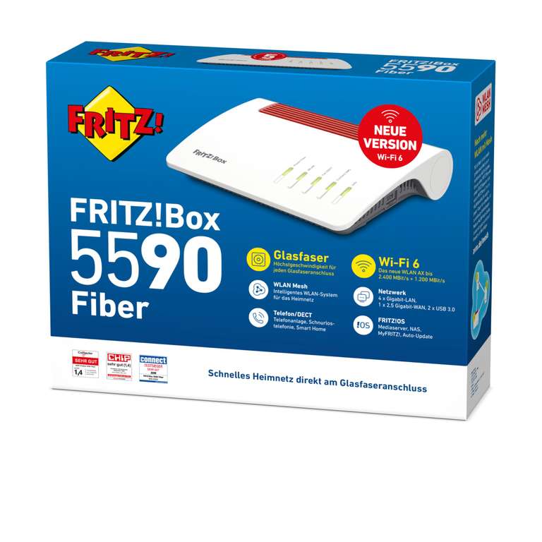 AVM FRITZ!Box 5590 Fiber, WiFi 6 Glasfasermodem WLAN AX, 2.400 MBit/s (5GHz), 1.200 MBit/s (2,4GHz), WLAN Mesh, DECT-Basis, 2,5-Gigabit-Port