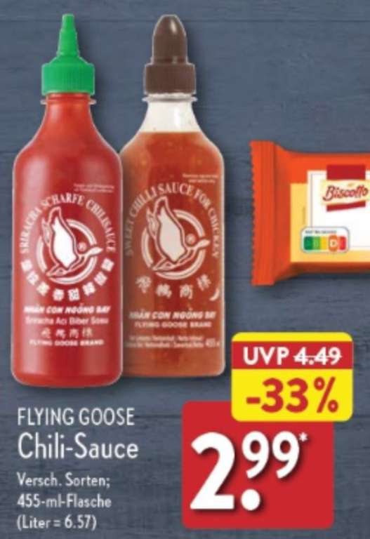 Aldi Nord: Flying Goose Sriracha Sauce in versch.Sorten, je 455ml Flasche , Literpreis: 6.57€, ab 29.06.