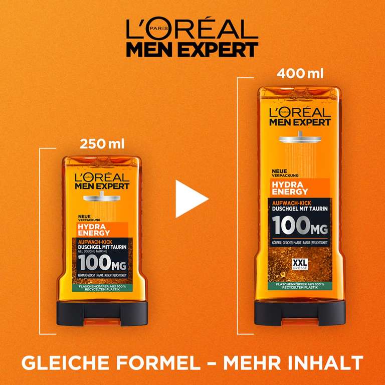 Doppelpack L'Oréal Paris Men Expert Duschgel für Männer, Mit Taurin und Minze, Hydra Energy, 2x400 ml [PRIME/Sparabo; für 3,74€ bei 5 Abos]