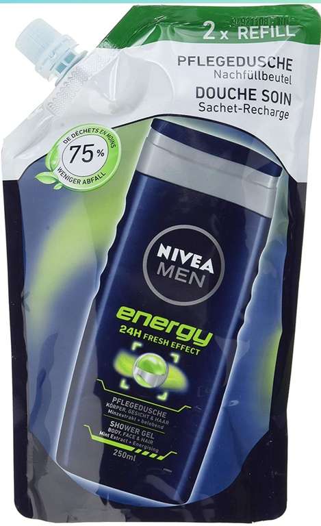 Weniger Müll mit Sparabo: Nivea Men Energy Pflegedusche 6x500ml Nachfüllb. (Stück 1,26) ergibt 63 Cent pro gefüllter 250ml Flasche