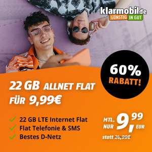 [Telekom-Netz] 22GB klarmobil Telekom LTE Tarif für 9,99€ / Monat mit 50 Mbit/s + VoLTE, WLAN Call & Allnet- & SMS-Flat | 0€ AG