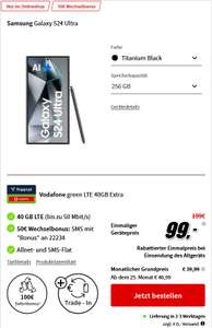 Vodafone Netz: Samsung Galaxy S24 Ultra (256GB) Allnet/SMS Flat 40GB LTE 39,99€/Monat, 99€ Zuzahlung inkl. 100€ Trade In Bonus, 50€ RNM