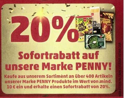 [Payback + PENNY] 20% Rabatt ab 10€ EKW auf Produkte der Marke Penny + 50-fach Payback am Framstag für Obst + Gemüse 16.01.-21.01.2023