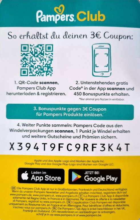 Pampers Club * 450 Bonuspunkte (einmalig) / in 3€ Rabattcoupon tauschbar