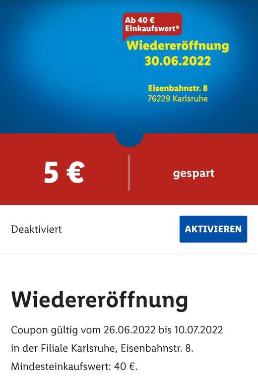5€ ab 40€ bei LIDL Wiedereröffnung [lokal, Karlsruhe]