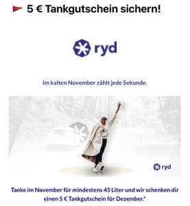 [Personalisiert] Im November über ryd 45 Liter tanken und 5€ Tankgutschein erhalten