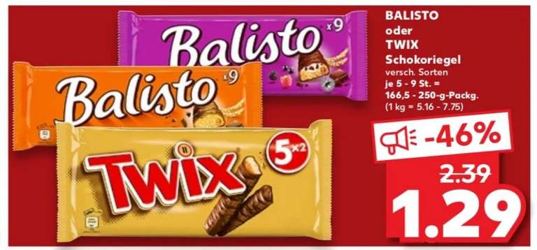 Balisto (9er Pack - 166,5g -> 7,75 €/kg) oder Twix (5er Pack - 250g -> 5,16 €/kg) Schokoriegel für 1,29 € - Kaufland (regional?)