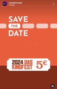 Kinofest deutschlandweit Kino für 5€, 07. + 08.09.2024 jeder Film, jeder Platz, keine Zuschläge, Cineplex, Cinemaxx, Cinestar, Ufa, etc