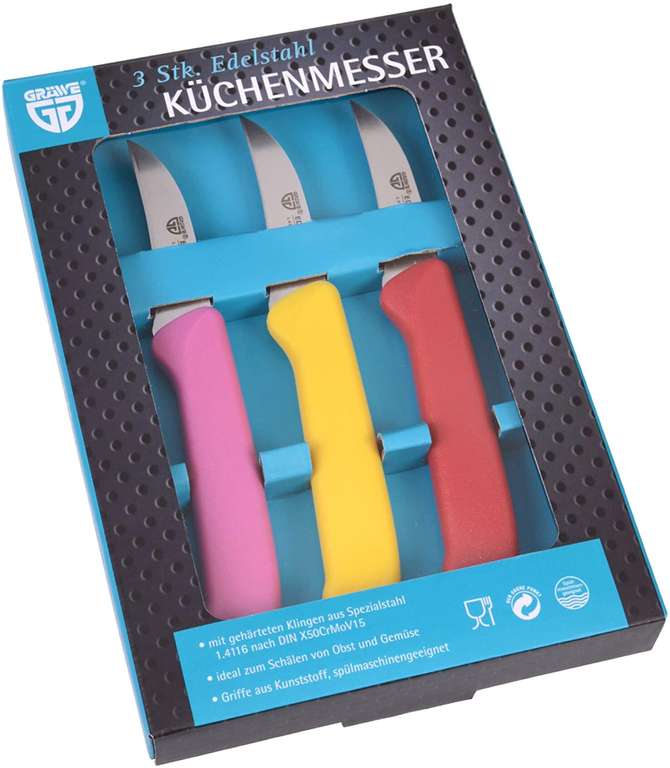 GRÄWE Küchenmesser 3 Stück, Edelstahl verschiedene Farben, super scharf geschliffen für 5,69€ (Prime)