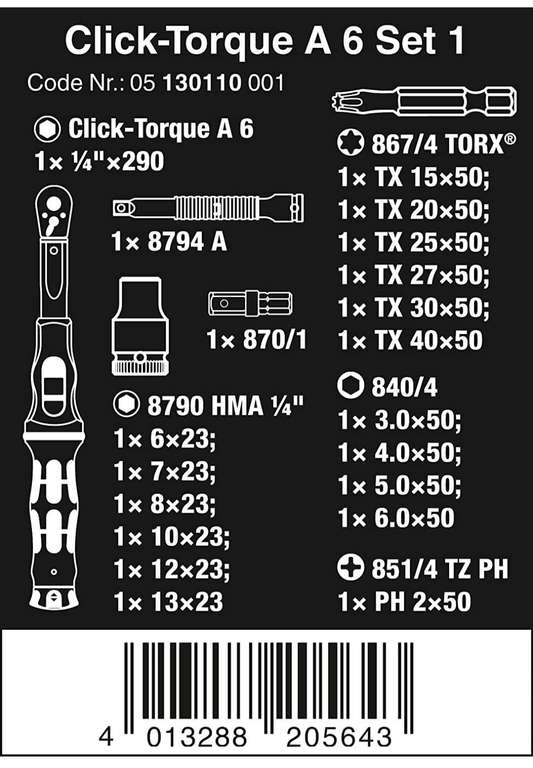 WERA Drehmomentschlüsselset Click-Torque A 6 Set 1 --- 20 tlg.2,5-25 Nm 1/4 Zoll, Versandkostenfrei