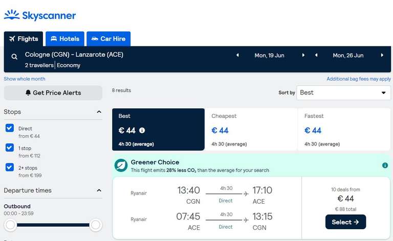 Flüge (Hin- und zurück) mit Ryanair, von Köln (CGN) nach Lanzarote (ACE) im Juni 2023