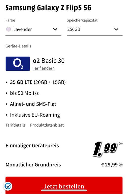 Media Markt Tarifwelt Samsung Galaxy Z Flip 5 256 GB 1,99€ o2 Basic 30 29,99€ nach Ankauf ca 4,23€-7,50€