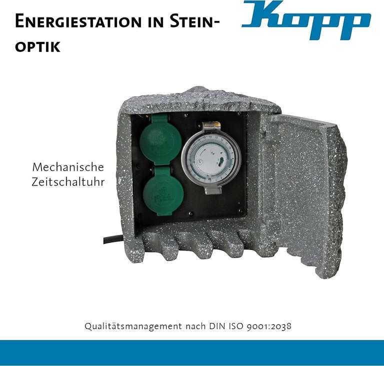 Kopp Energiestation Stein-Optik mit 2 Schutzkontakt-Steckdosen 250 V & Zeitschaltuhr I Gartensteckdose