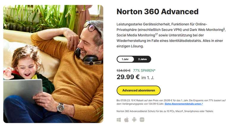 -77% auf Norton 360 Advanced Virus Scanner