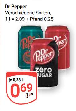 [Globus Rostock / Neubrandenburg] 0,33l Dose Dr Pepper für 69 Cent / 1l Flasche für 1,19€ - lokal