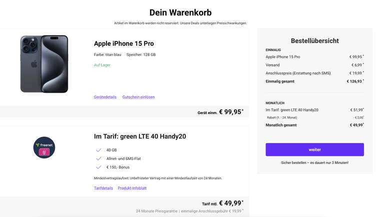 Telekom Netz (Normalos): Apple iPhone 15 Pro 128GB im green LTE 40 für 49,99€/Monat, 100€ Zuzahlung, 150€ Wechselbonus