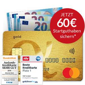 [Advanzia Bank] Mastercard Gold Kreditkarte · 60€ Startguthaben · dauerhaft kostenlos · weltweit gebührenfrei bezahlen · div. Versicherungen