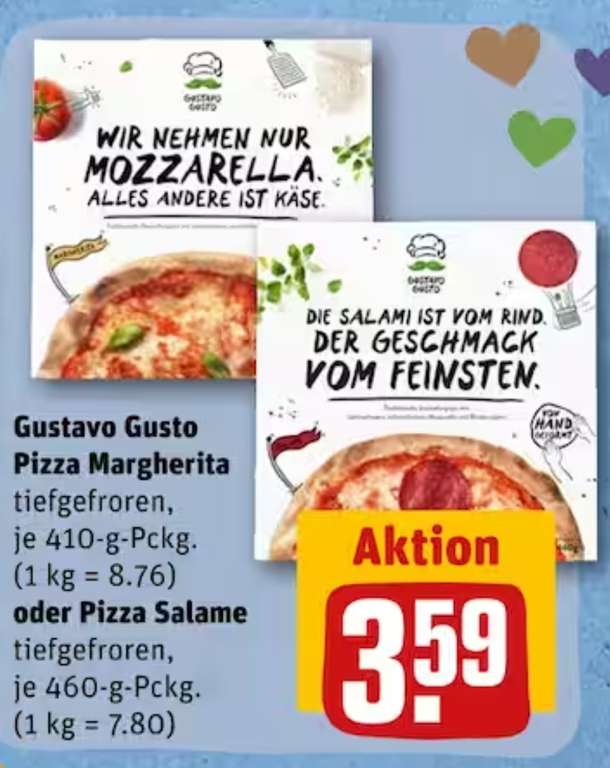 [REWE] Gustavo Gusto Pizza Margherita, Salami, Prosciutto e funghi, u.a. - mit Payback kombinierbar