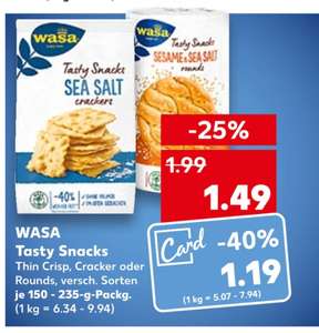 [OFFLINE, Kaufland Card + Coupies] WASA Tasty Snacks für effektiv 0,49€ (1,19€ - 0,70€ Cashback)