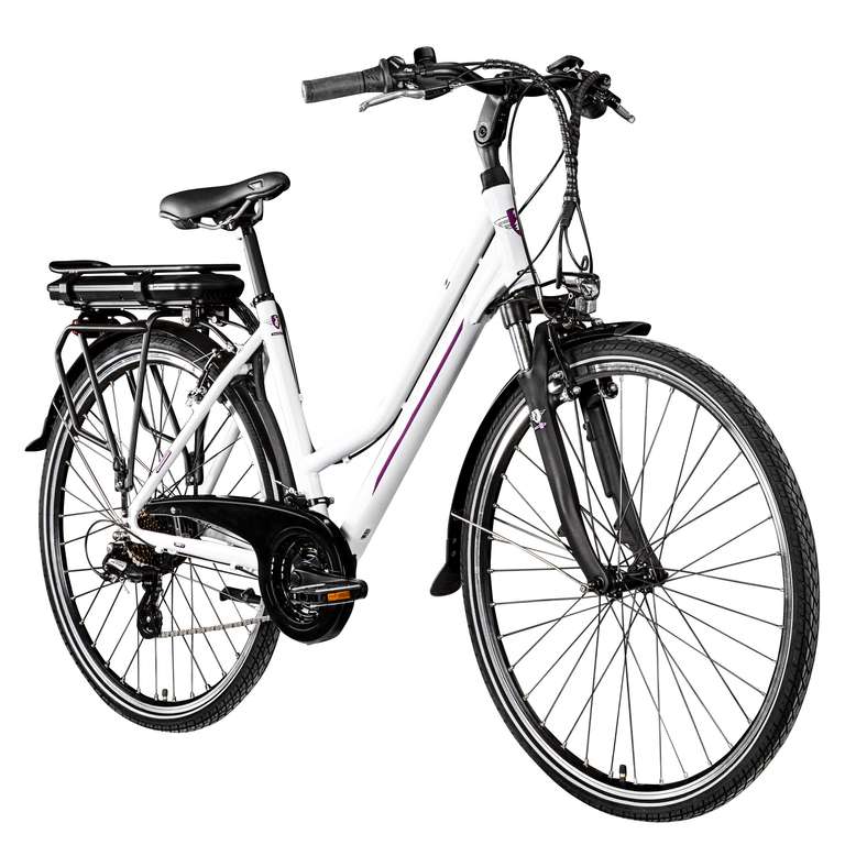 Zündapp Z802 E Bike, Trekkingrad Damen ab 155 cm, Nabenmotor, Pedelec Fahrrad, 21 Gang, weiß/lila, Rahmengröße:48 cm (Kaufland.de)