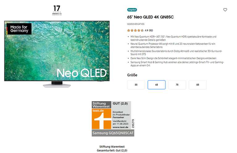 Samsung TV 65" Neo QLED 4K QN85C 2023 | GQ65QN85CATXZG | Corporate Benefits