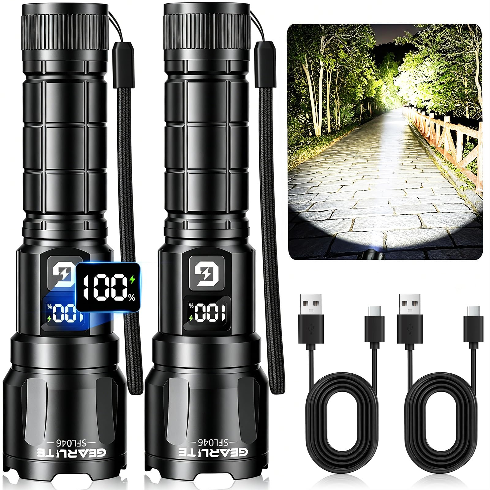 (GEARLITE@Prime) GEARLITE Taschenlampe LED Aufladbar 2 Stück, 6000Lumens Taktische Handlampe