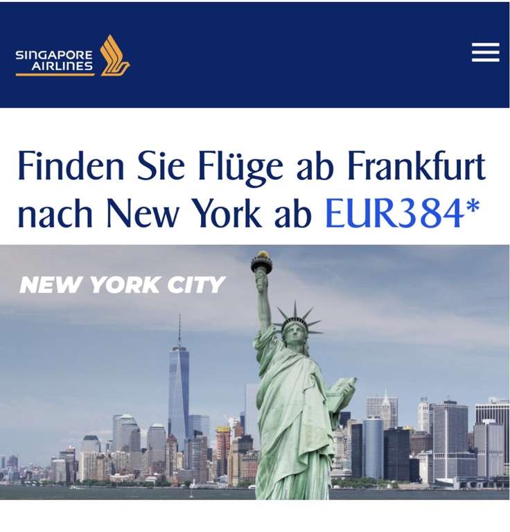 Singapore Airlines (A380) | Frankfurt-New York City ab 384€