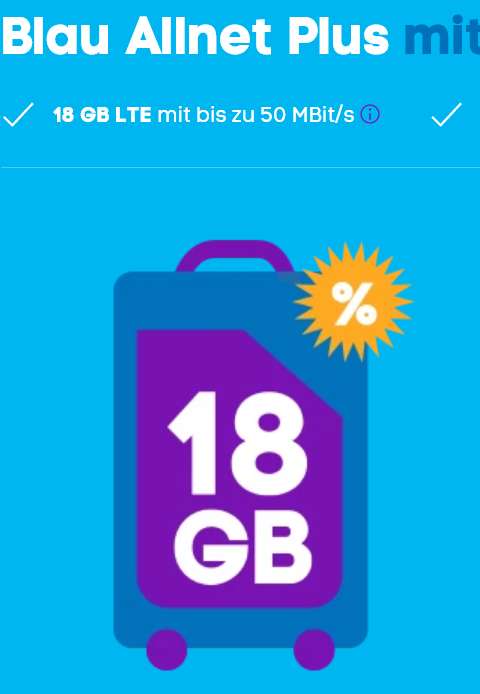 O2 Netz, sim only: Blau Allnet Plus Allnet/SMS Flat 18GB LTE für 9,99€/Monat, 0€ Anschlussgebühr, 90€ KWK