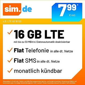 sim.de LTE All 16 GB, Flat Telefonie, O2 Netz - 7,99 Euro/Monat, monatlich kündbar