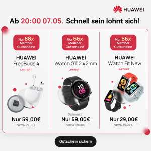 Huawei Blitzangebote (stark limitiert): FreeBuds 4 für 59€ | Watch GT2 42mm für 59€ | Watch Fit New für 29€