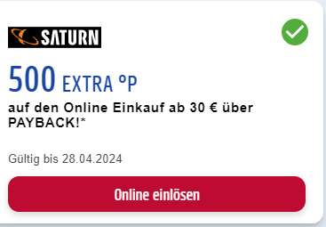 Media Markt und Saturn 500 EXTRA °P auf den Online Einkauf ab 30 € über PAYBACK!* (personalisiert)