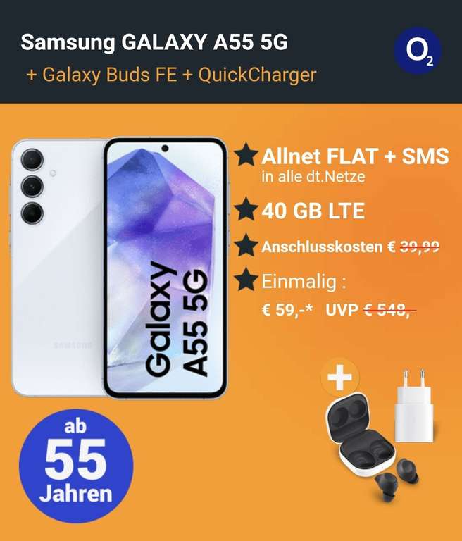 (O2 Vertrag ab 55 Jahren)Samsung Galaxy A55 5G 256GB mit o2 Allnet Flat 40 GB LTE plus Buds und Schnellladeadapter