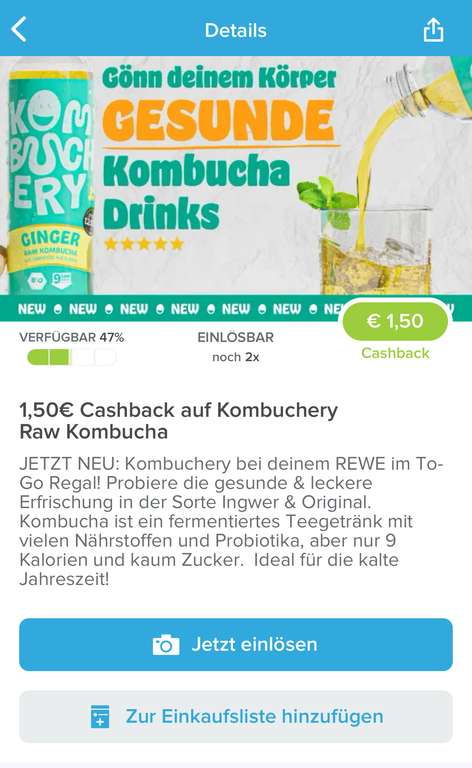 [Marktguru] Rewe Kombuchery Kombucha Getränk Teil GZG 1,50 Cashback