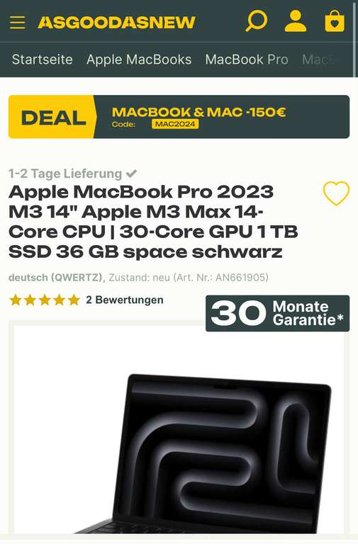 Apple MacBook Pro 2023 M3 14" Apple M3 Max 14-Core CPU | 30-Core GPU 1 TB SSD 36 GB space schwarz