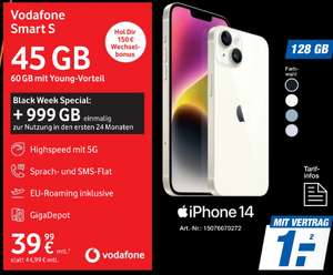 Lokal, Vodafone Netz: Apple iPhone 14 128GB im GigaKombi Allnet/SMS Flat 65GB 5G 34,99€/Monat, 1€ Zuzahlung, 150€ RNM, 999GB Daten+