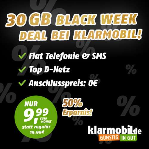 [Vodafone-Netz] klarmobil Black Friday: 30GB LTE Tarif für mtl. 9,99€ mit Telefon- & SMS-Flat & keine AG | 40GB für 14,99€ | 50GB für 19,99€