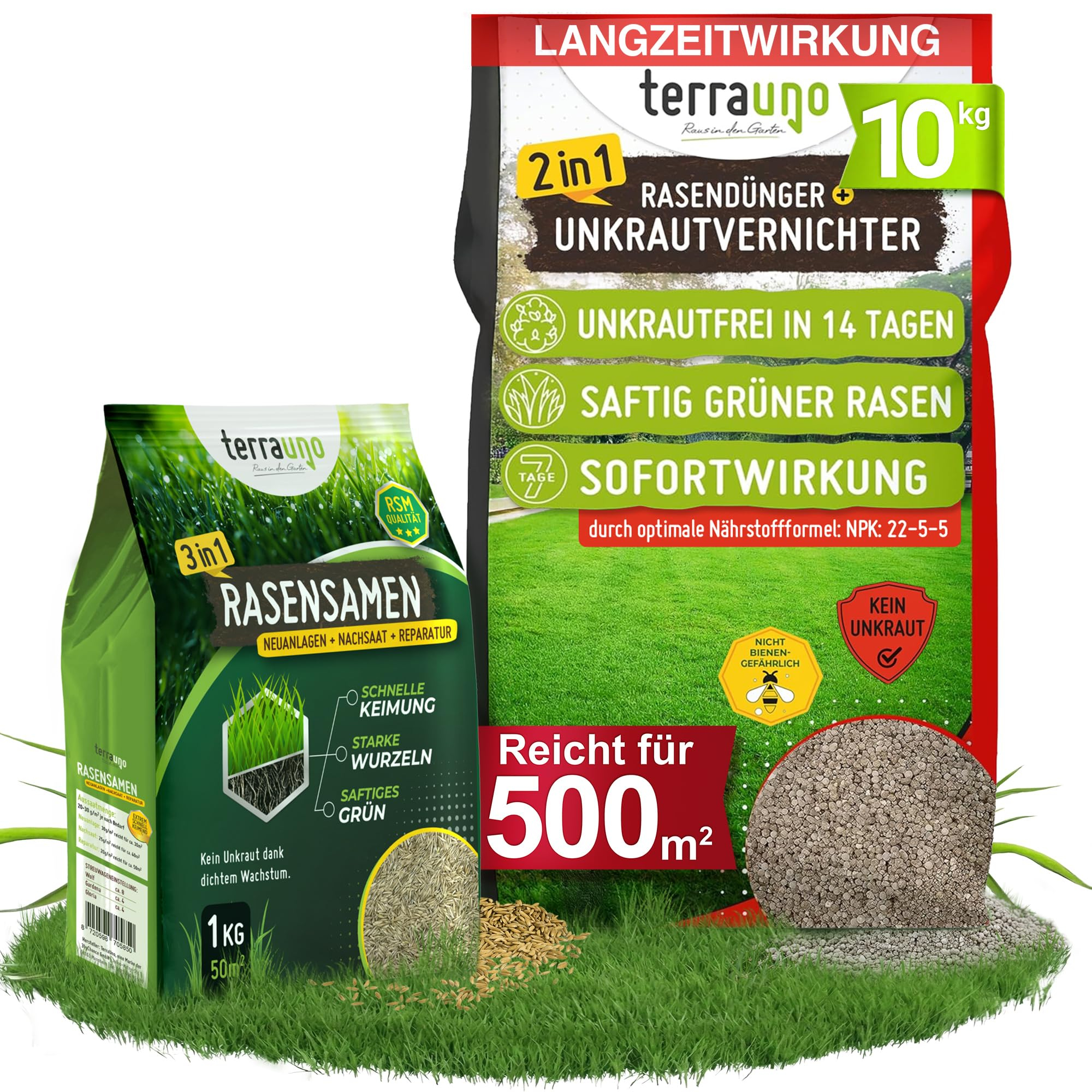 TerraUno Rasendünger mit Unkrautvernichter extra stark, 100 Tage Langzeitwirkung, 10 kg für 500 m², gegen Löwenzahn, Klee uvm.