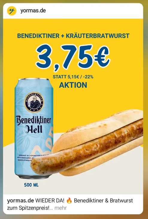 yormas: Benediktiner Hell 0,5 l + Kräuterbratwurst im Brötchen für 3,75 € statt 5,15 €